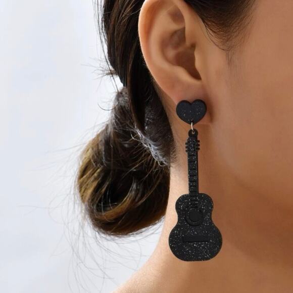 Black Glitter Guitar and Heart Charm Drop Festival Eras Statement Earrings - Picture 4 of 5